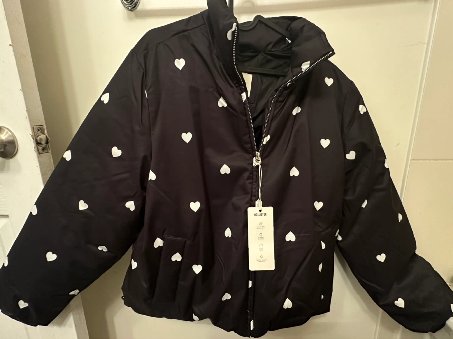 Hollister Puffer Jacket - Black with White Hearts - Medium
