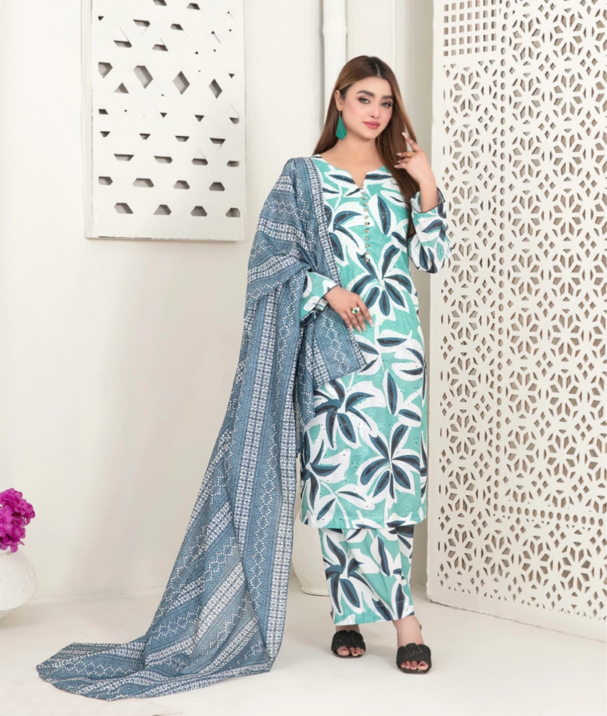 Printed chikankari three piece suit