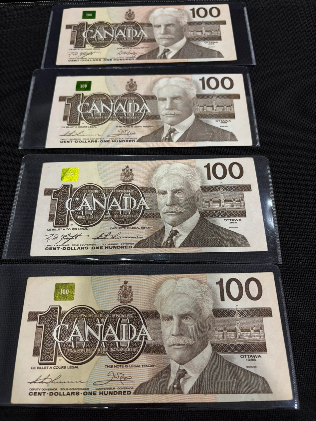 Canada 100 Dollar Bills - Set of 4 -1988 Bird series bank note