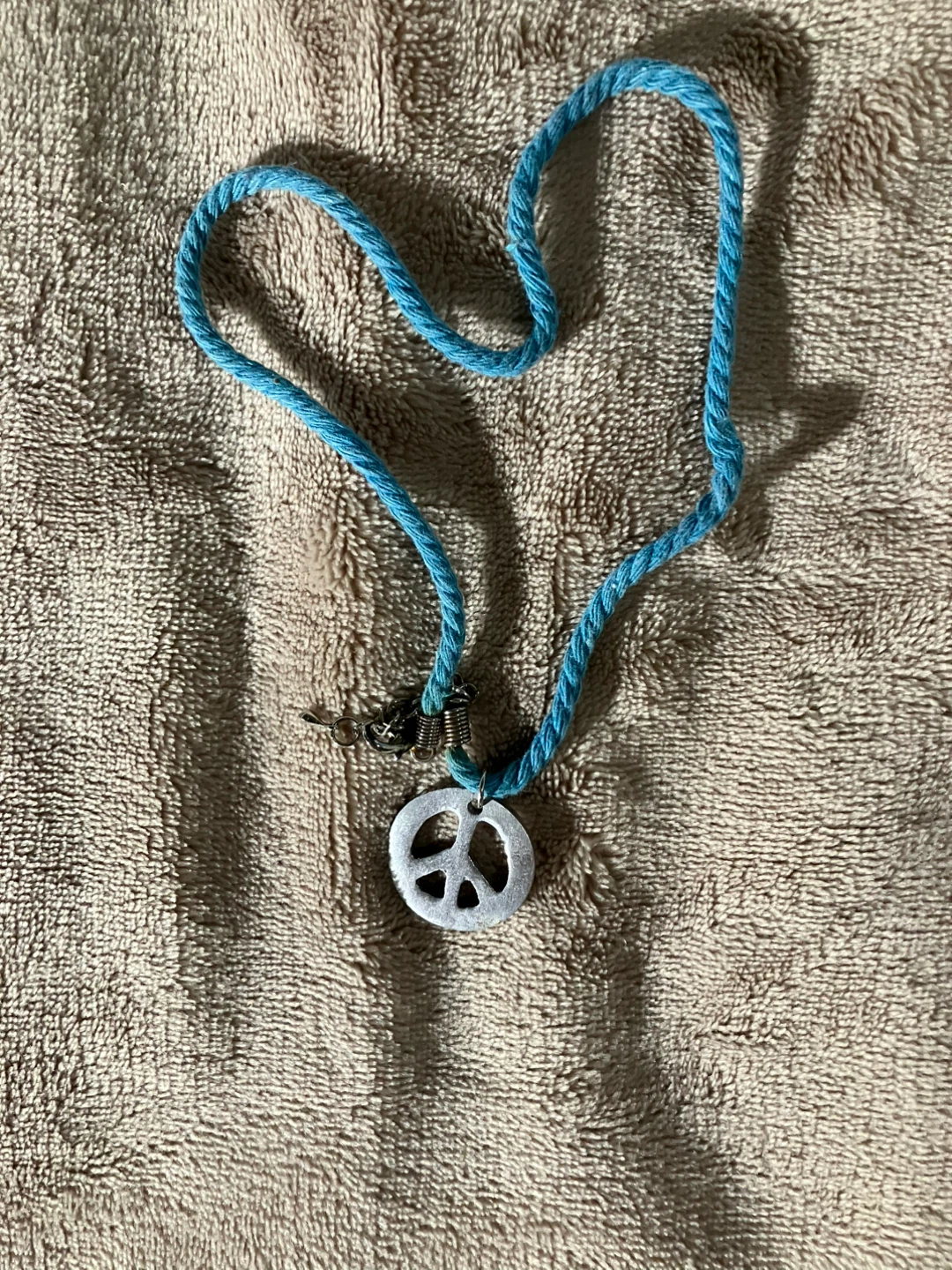 Blue Cord Necklace with Peace Sign Pendant
