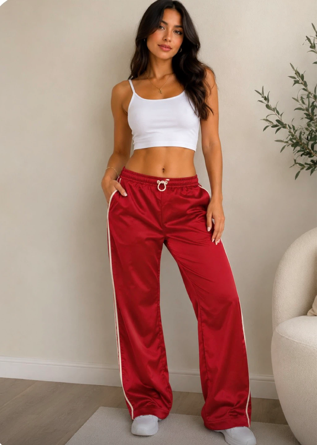 WAYF Red Satin Stripe Track Pants