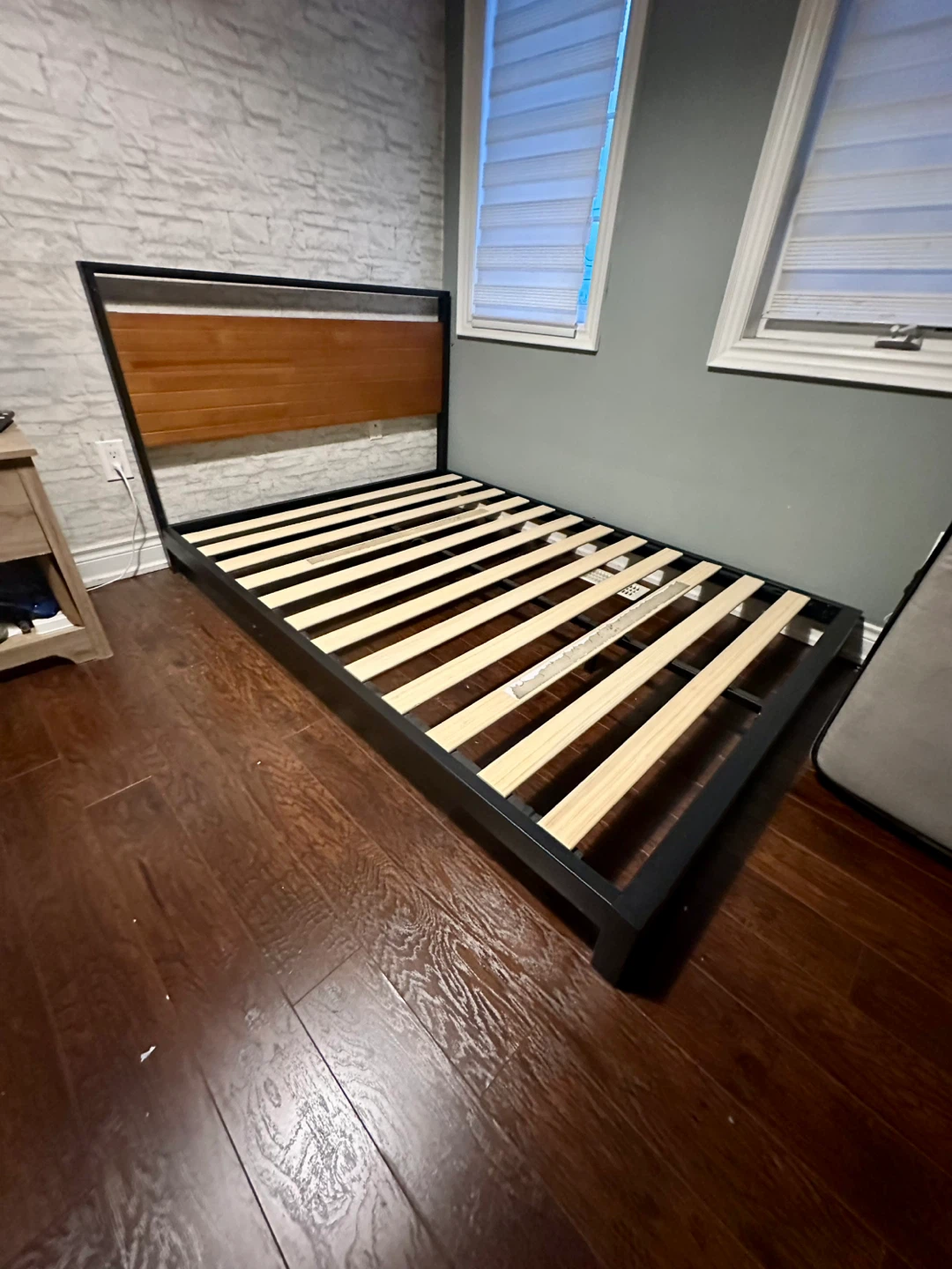 Metal Bed Frame with Wood Headboard
