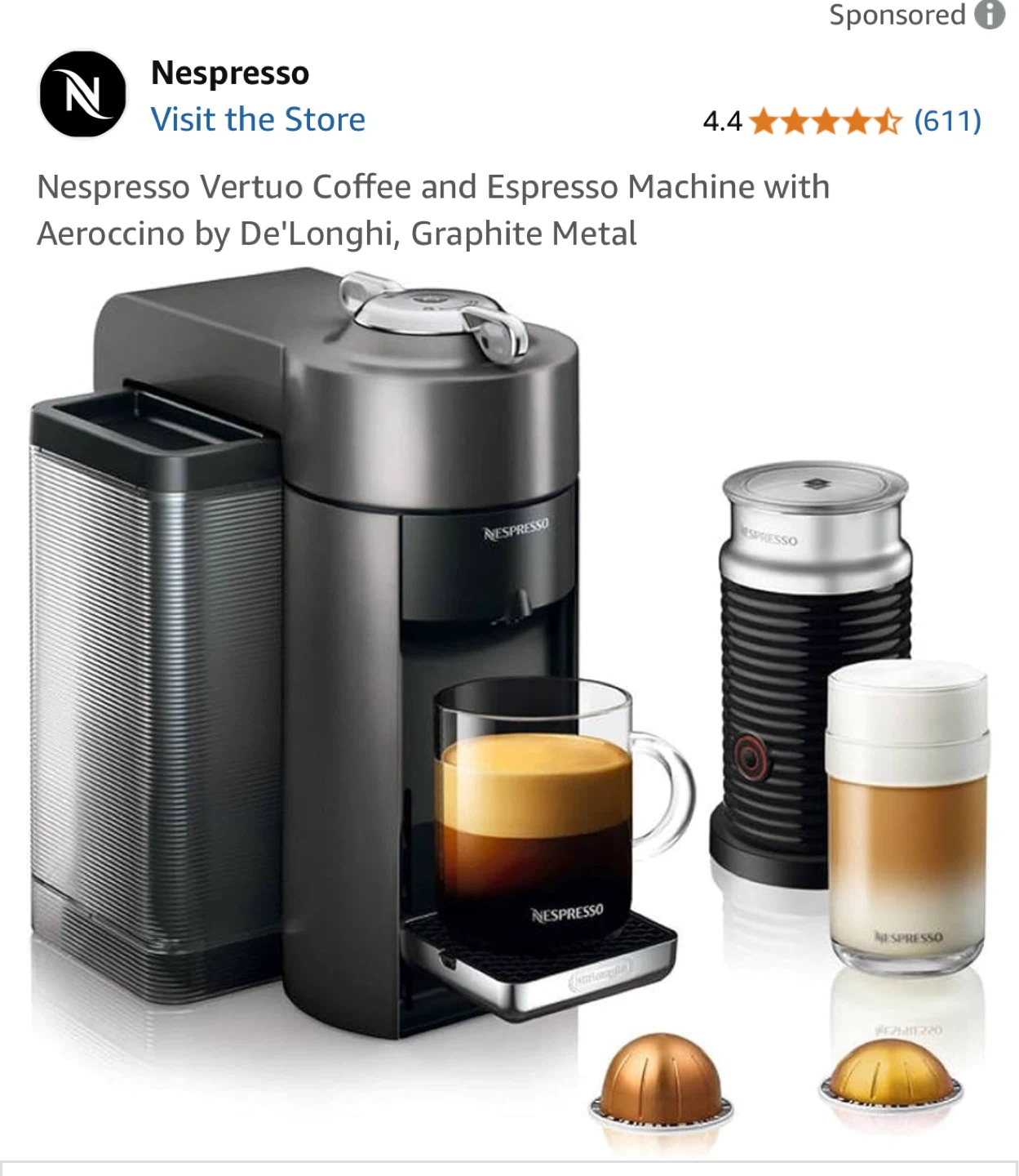 Nespresso Vertuo Coffee and Espresso Machine with Aeroccino