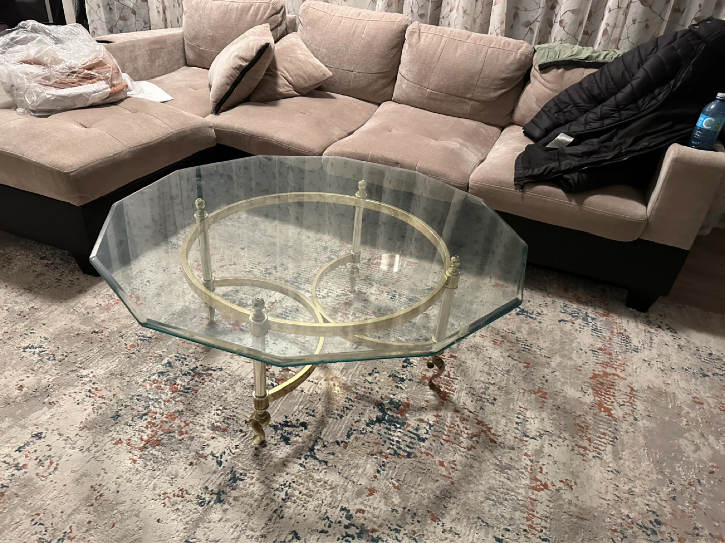 Octagonal Glass Coffee Table with Brass and Chrome Accents - photo 5