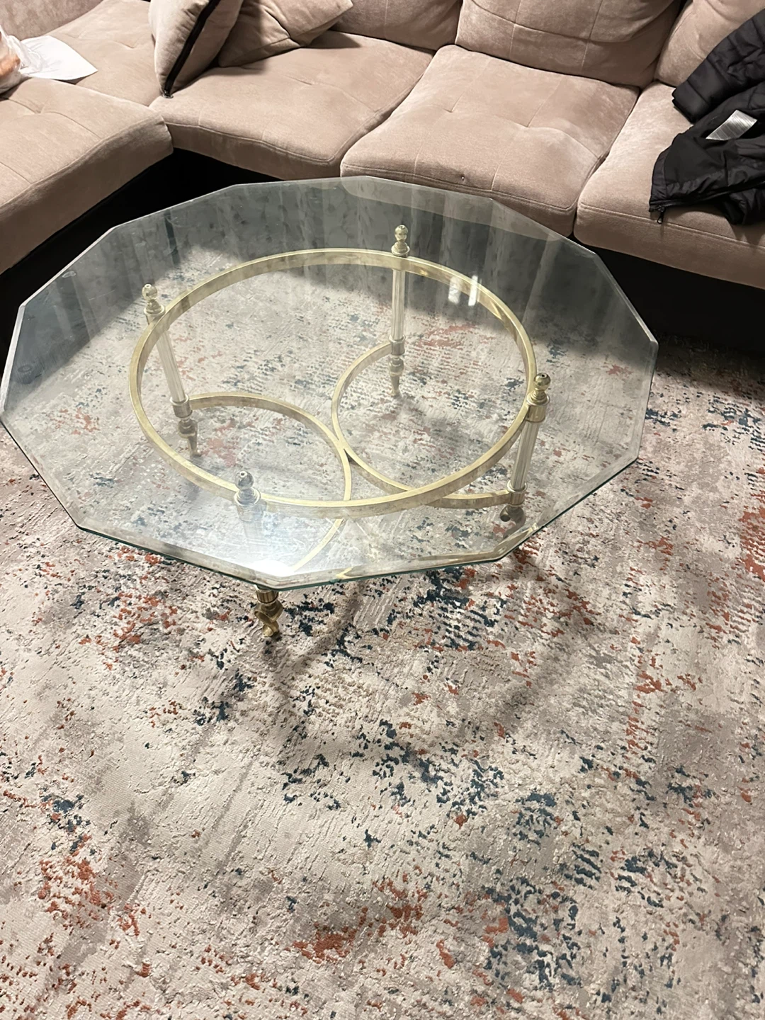 Octagonal Glass Coffee Table with Brass and Chrome Accents