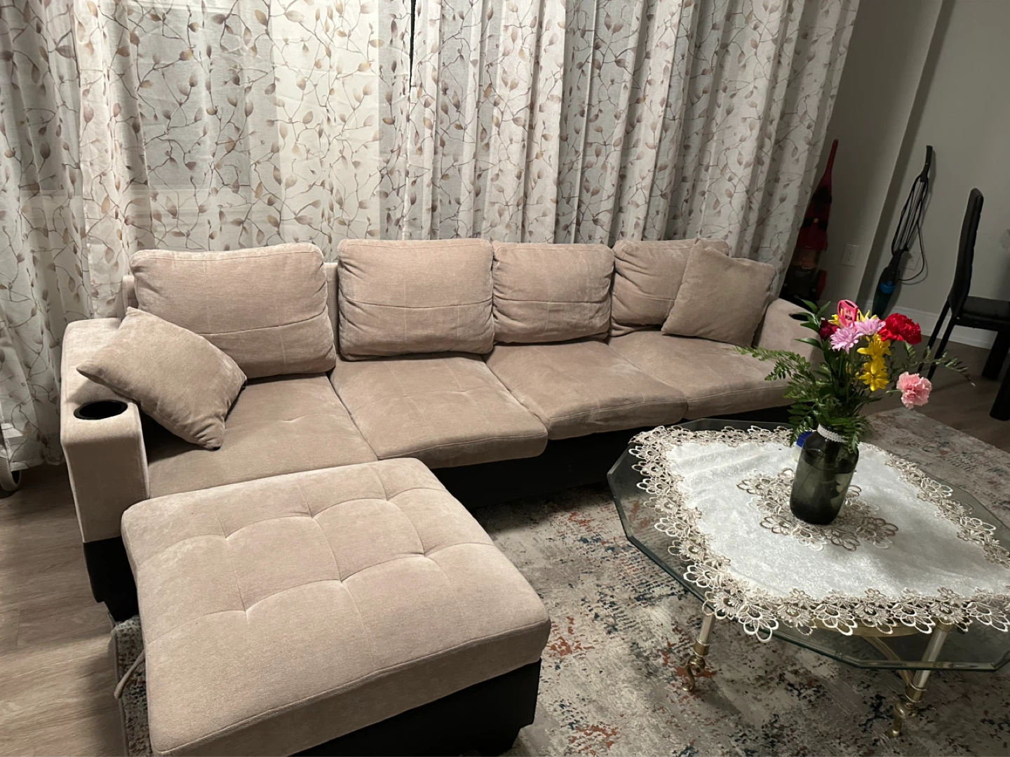 Beige Sectional Sofa with Ottoman
