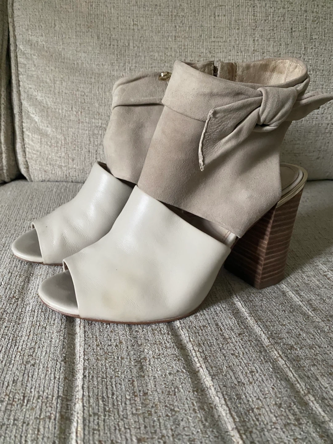 Beige Suede and Leather Peep-Toe Heeled Booties