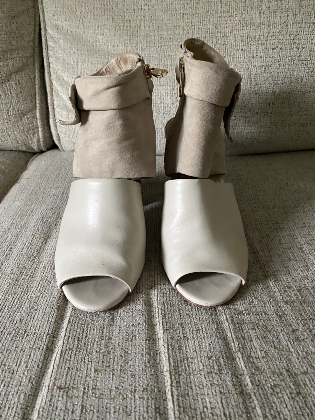 Beige Suede and Leather Peep-Toe Heeled Booties - photo 2