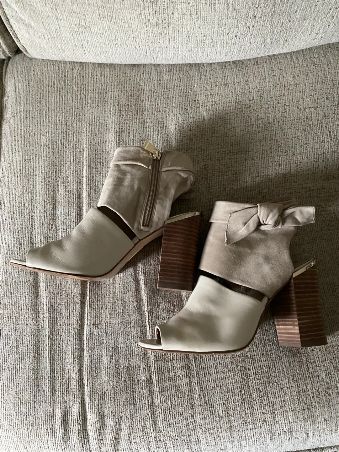 Beige Suede and Leather Peep-Toe Heeled Booties - photo 3