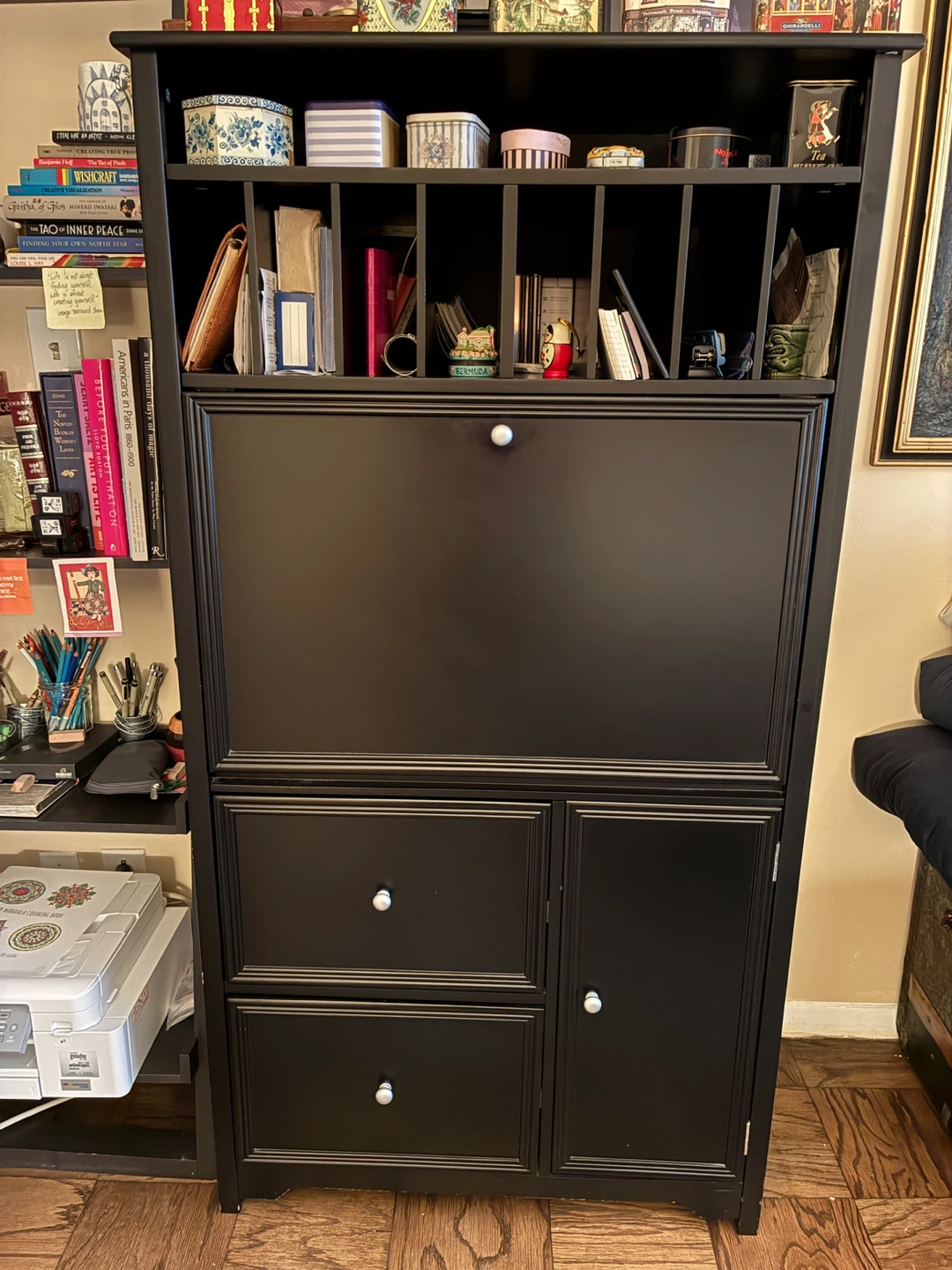 Black Secretary Desk with Storage and Fold-Down Table