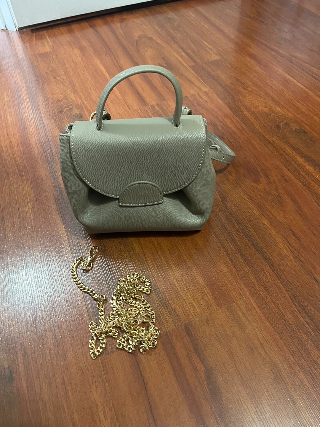 Taupe Faux Leather Mini Handbag with Gold Chain Strap
