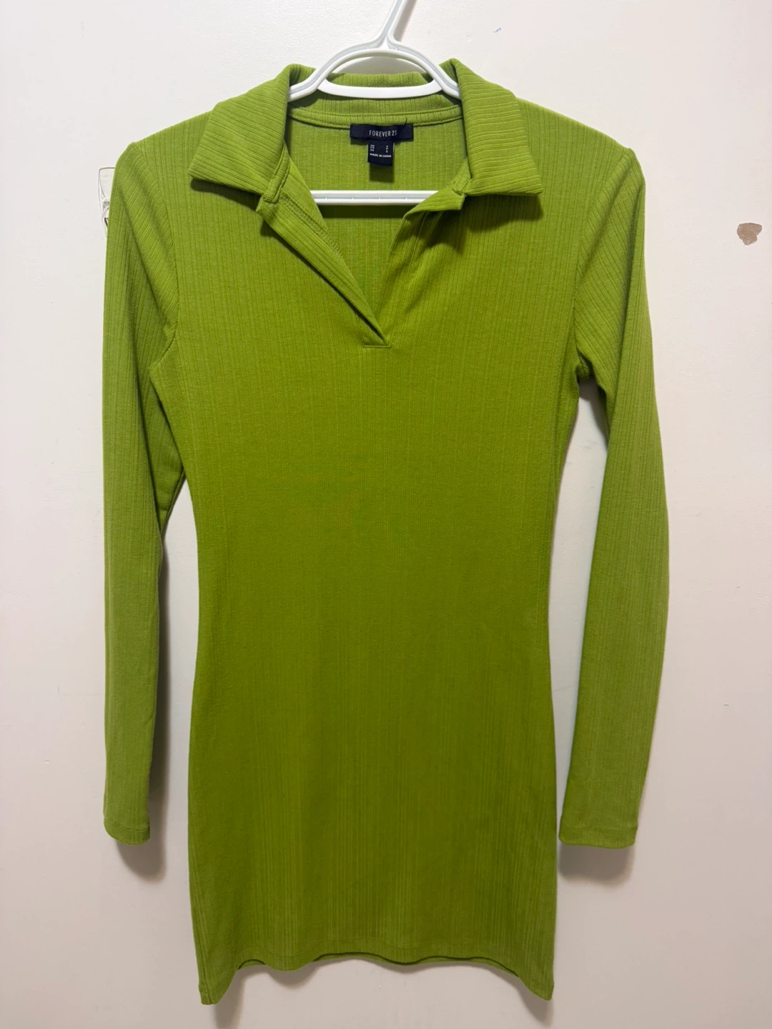 Forever 21 Green Ribbed Collared Long Sleeve Dress Size S