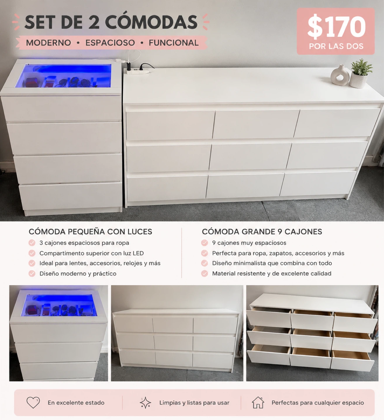 Set of 2 White Dressers with LED Light Compartment