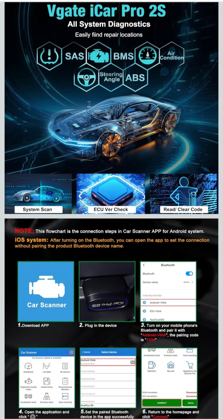 NEW - Vgate iCar Pro 2S Bluetooth OBD2 Car Scanner Tool - photo 5