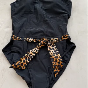 Black One-Piece Swimsuit with Leopard Print Belt 🖤🤍🤎