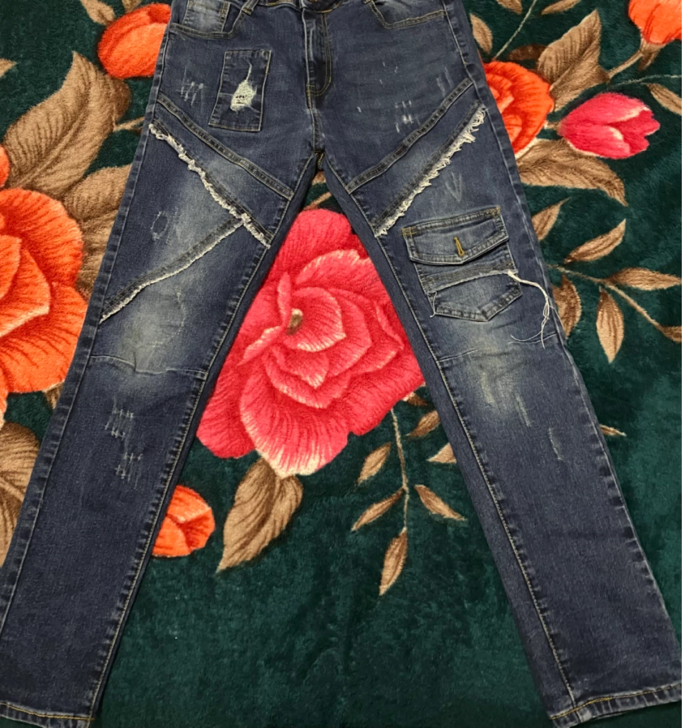 Men's Blue Distressed Patchwork Cargo Jeans