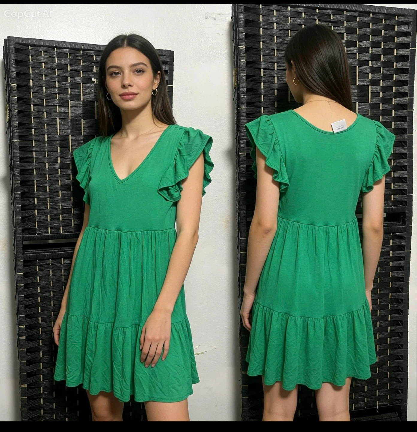 Green tiered mini dress with flutter sleeves