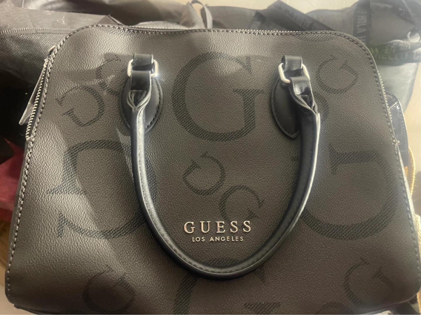 Guess Los Angeles Black Monogram Dome Satchel Handbag