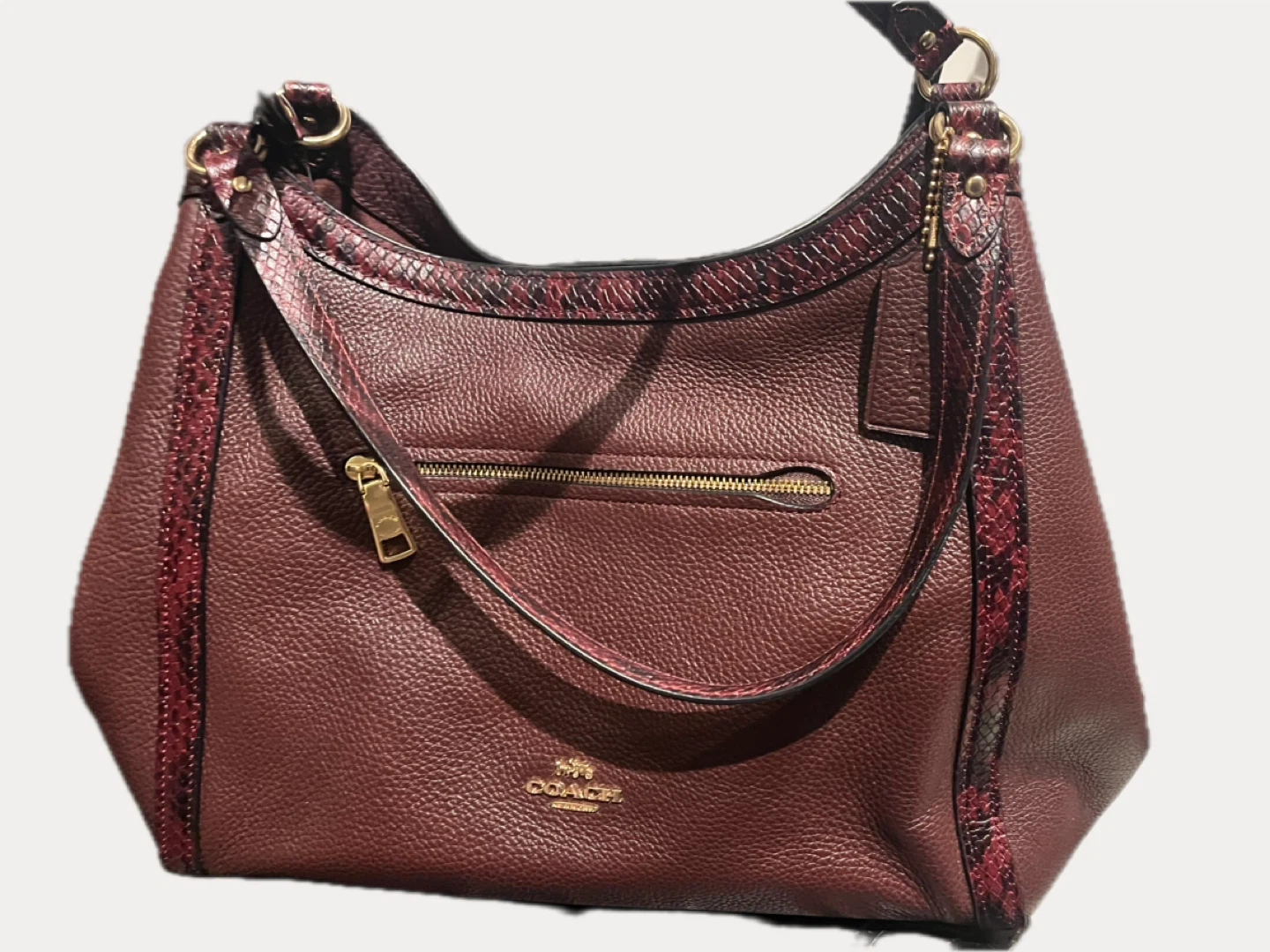 Coach Burgundy Leather & Snakeskin Accent Shoulder Bag