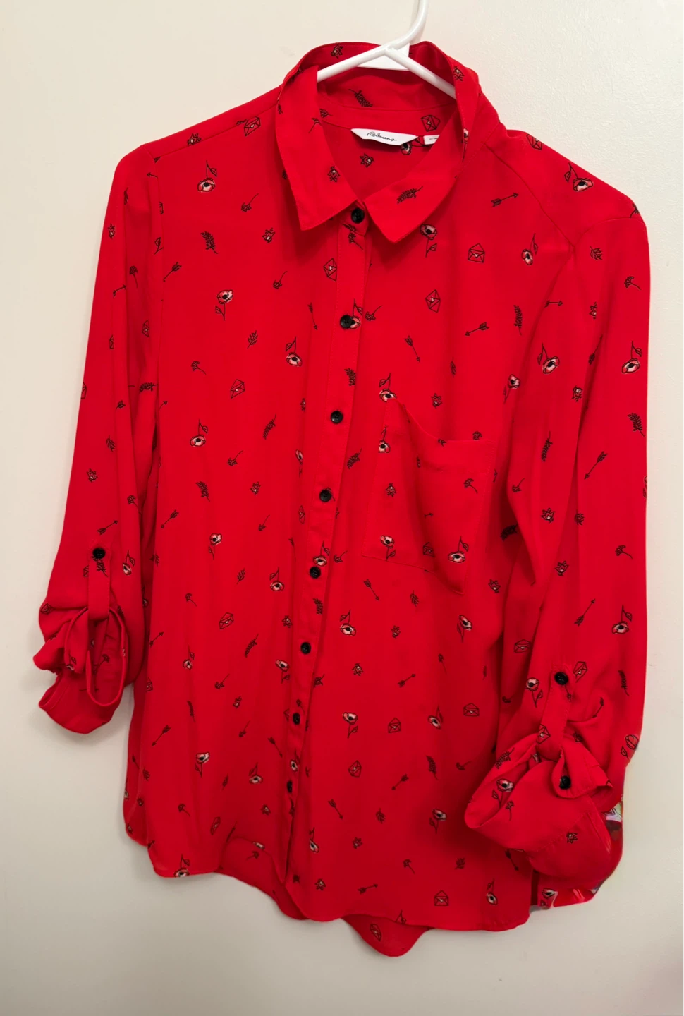 Red Button-Up Shirt with Heart and Arrow Pattern
