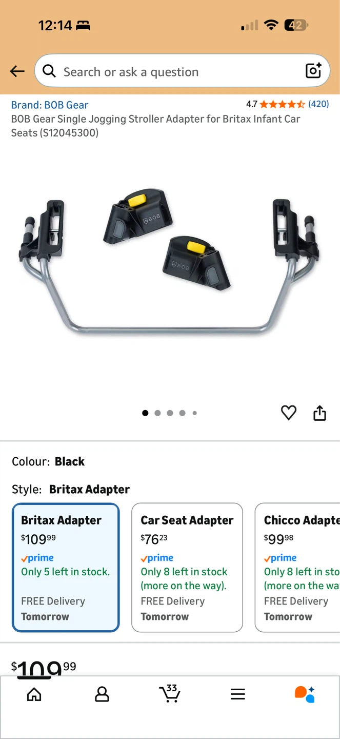BOB Gear Britax Infant Car Seat Adapter for Jogging Strollers