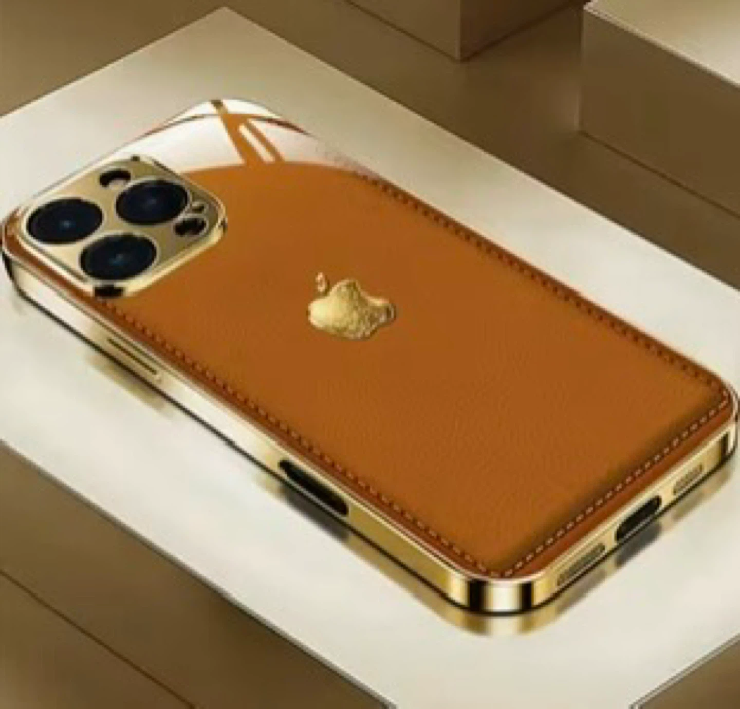 Brown Leather iPhone 16 Pro Max Case with Gold Trim