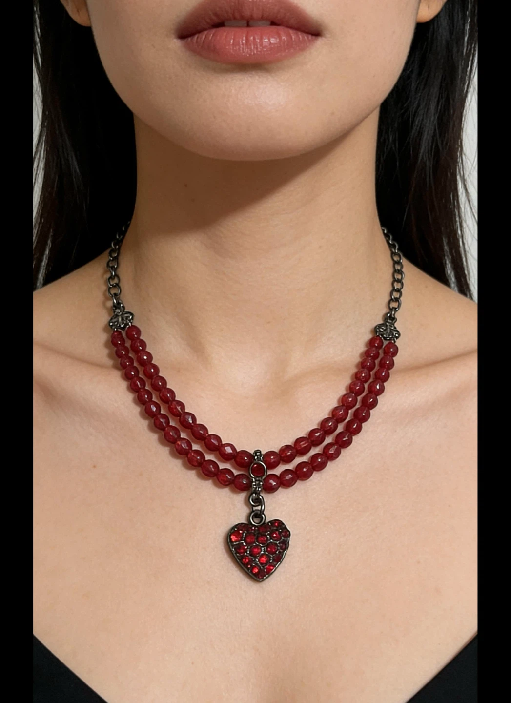 Double Strand Red Beaded Necklace with Heart Charm