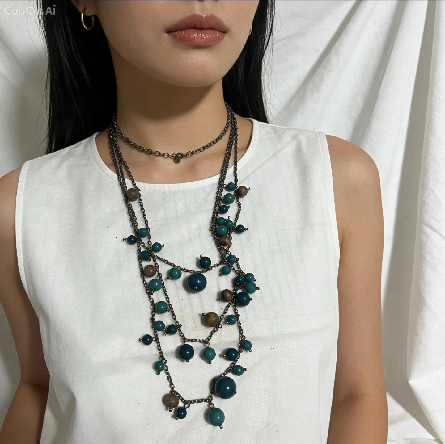 Multi-strand Beaded Necklace with Teal and Wood Beads