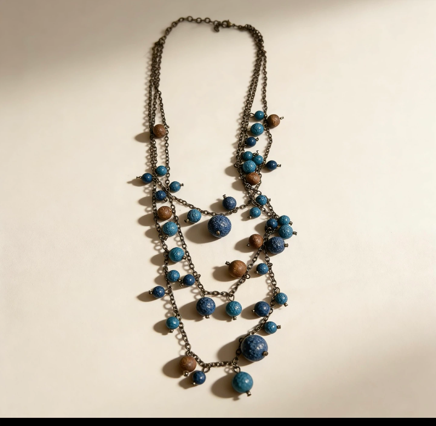 Multi-strand Beaded Necklace with Teal and Wood Beads - photo 2