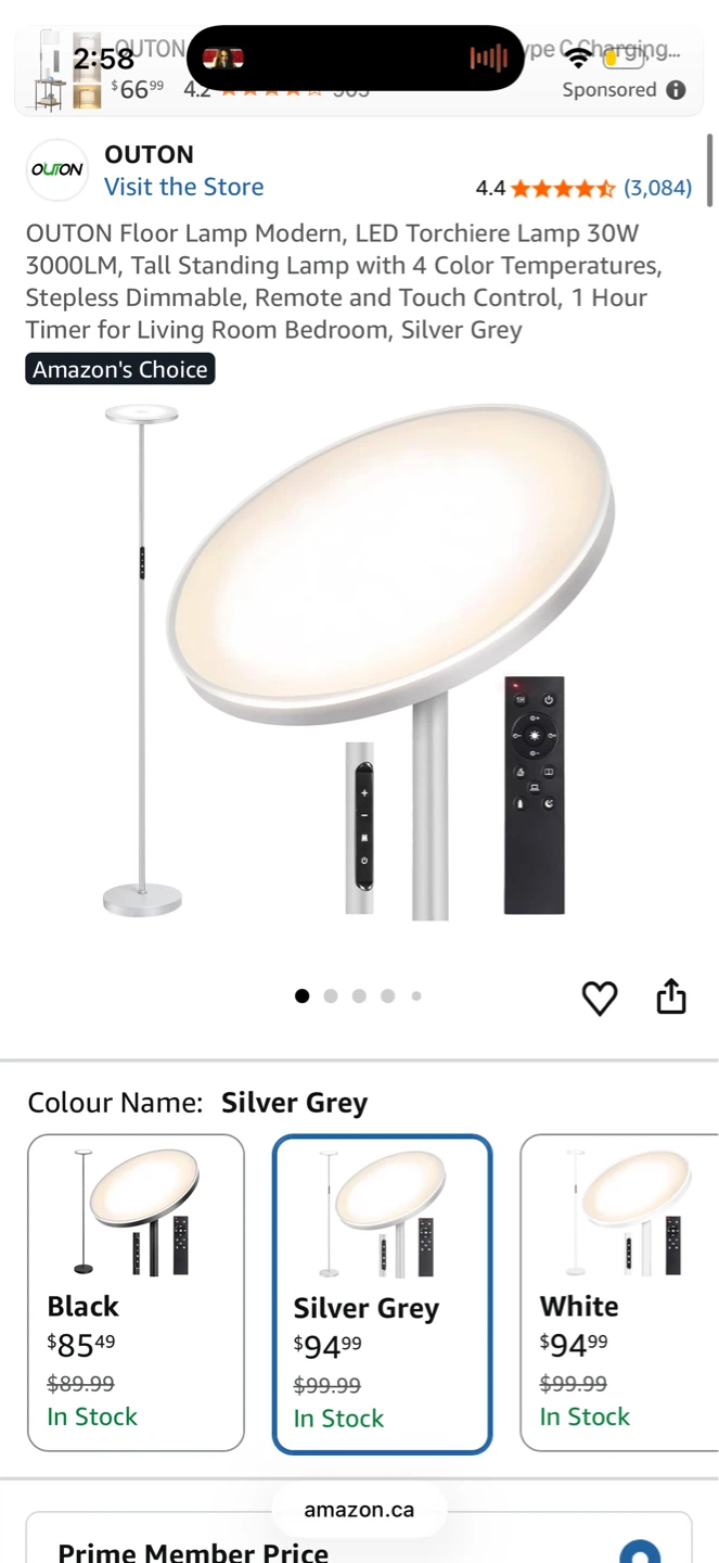 OUTON Floor Lamp Modern LED Torchiere 30W Silver Grey - photo 2