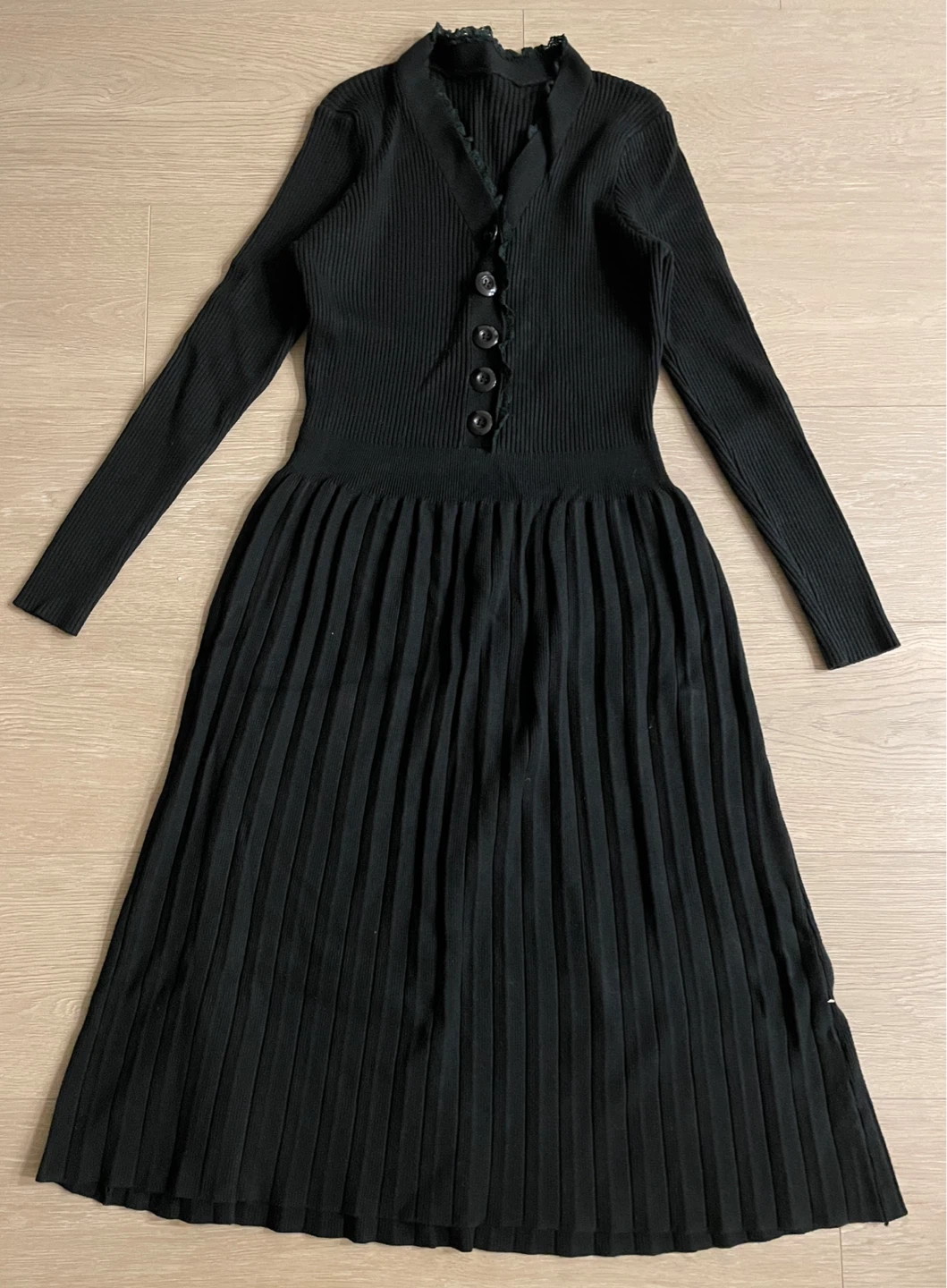 Black Ribbed Knit Button-Up Pleated Midi Dress