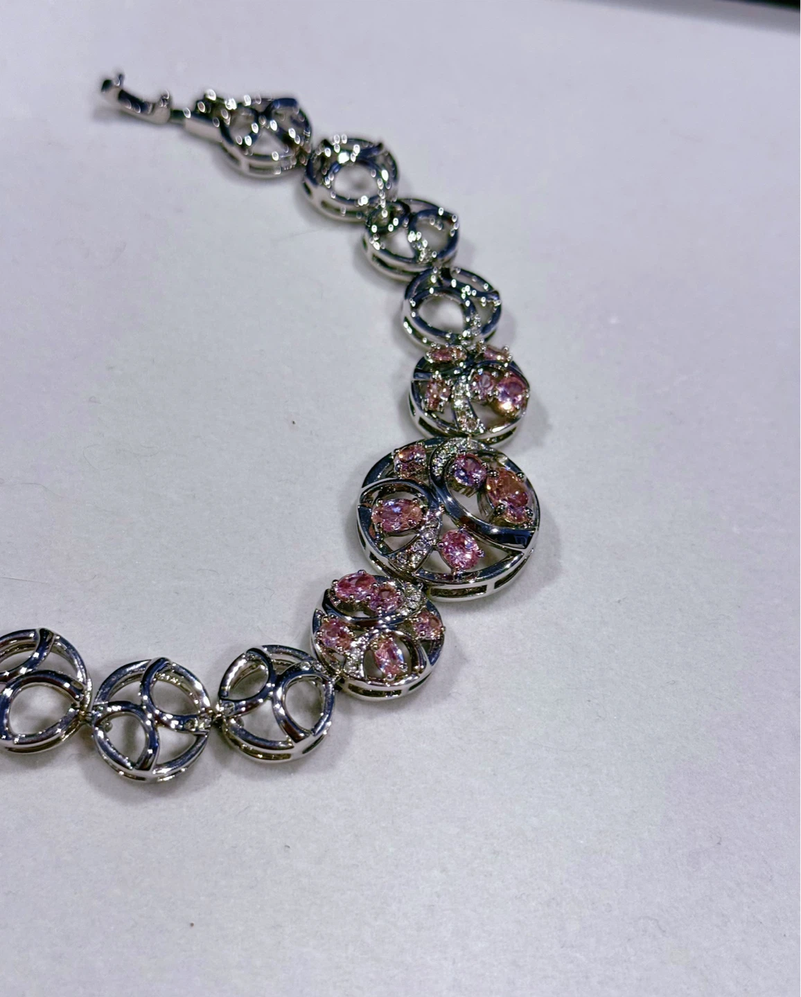 Silver Tone Bracelet with Pink Stones