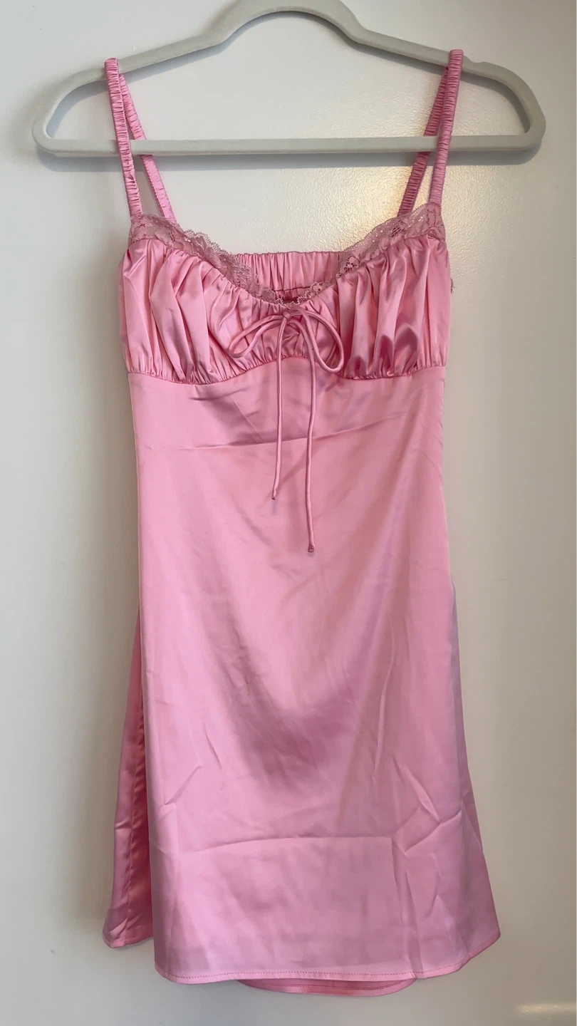 Revolve Pink Satin Lace Trim Mini Dress