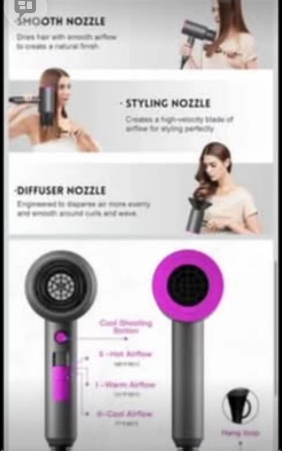 Grey/Purple 1800W Hair Dryer with 3 Nozzles - photo 3
