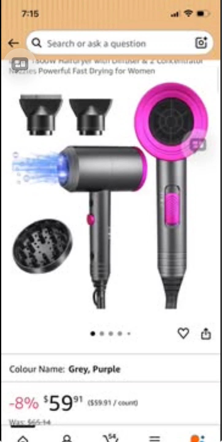 Grey/Purple 1800W Hair Dryer with 3 Nozzles - photo 5