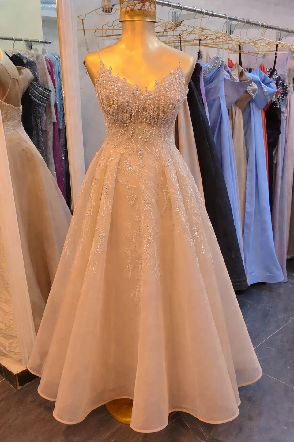 Beaded Strappy Formal Gown - Champagne