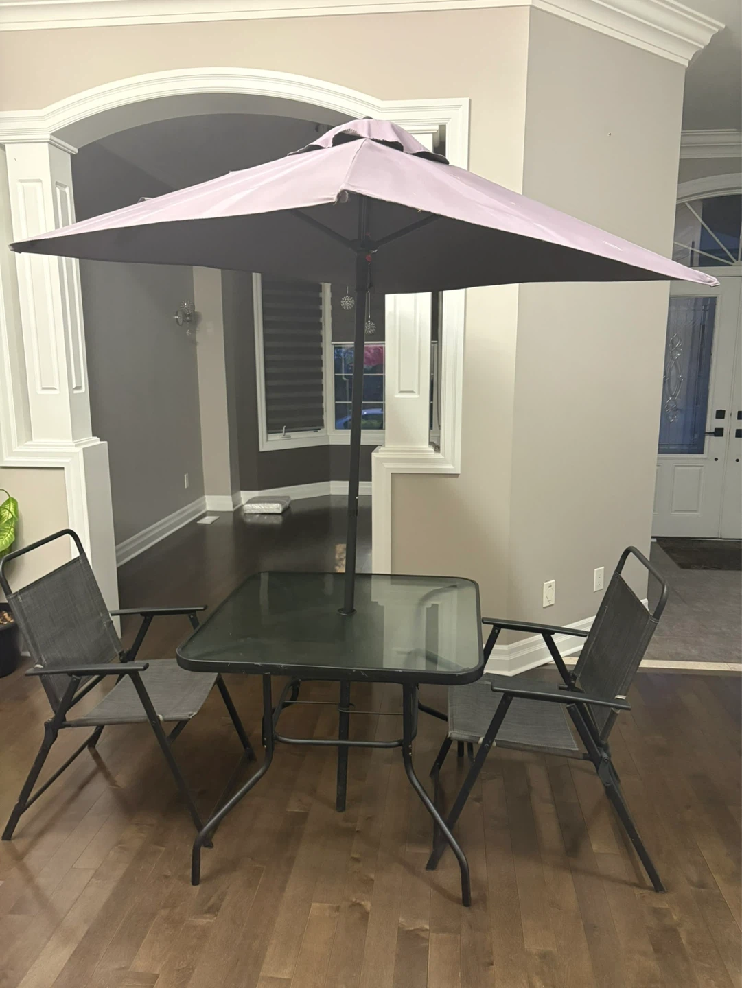 Glass patio table with umbrella and two chairs - photo 4