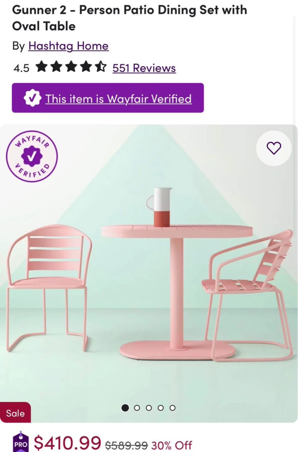 (Brand New) 2-Person Patio Dining Set - Pink / Green
