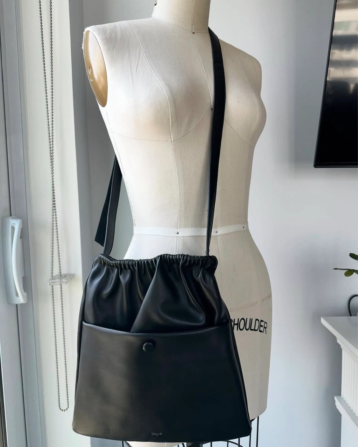 COLAB Black Faux Leather Drawstring Shoulder Bag