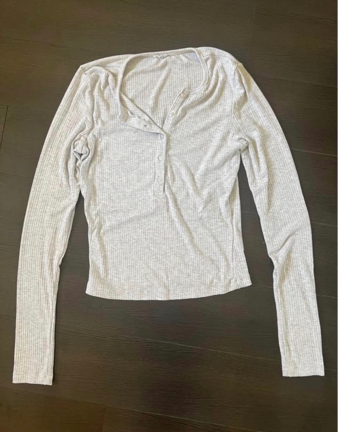 Ribbed Long Sleeve Button Top - Light Grey