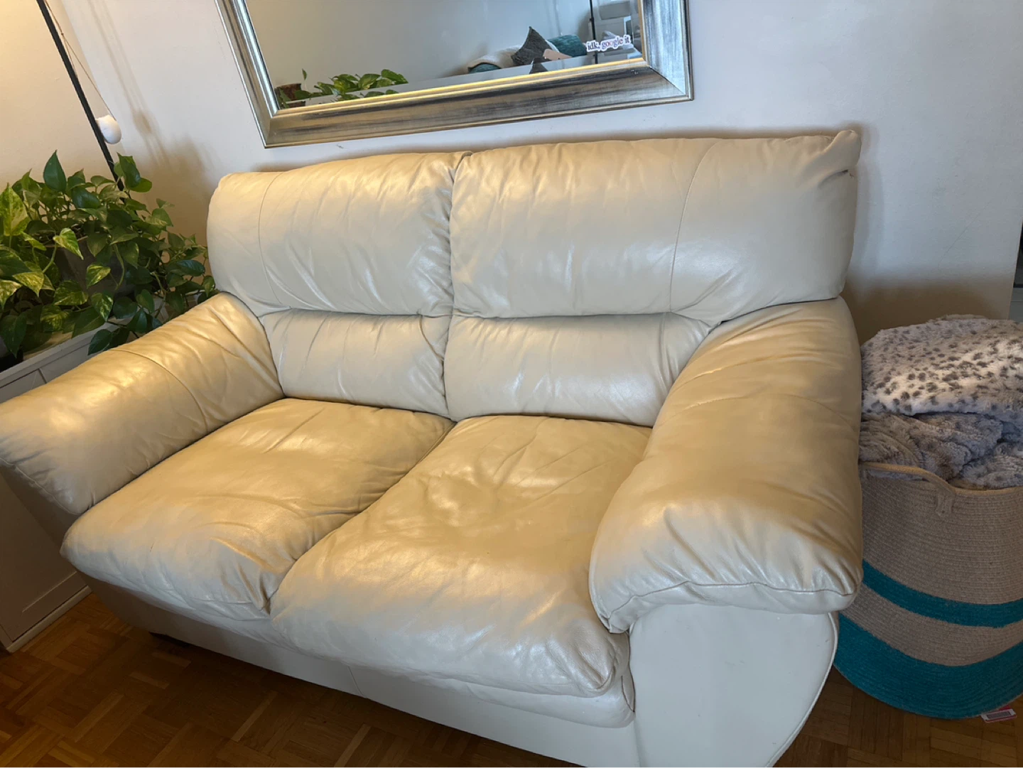 Cream Leather Loveseat Sofa