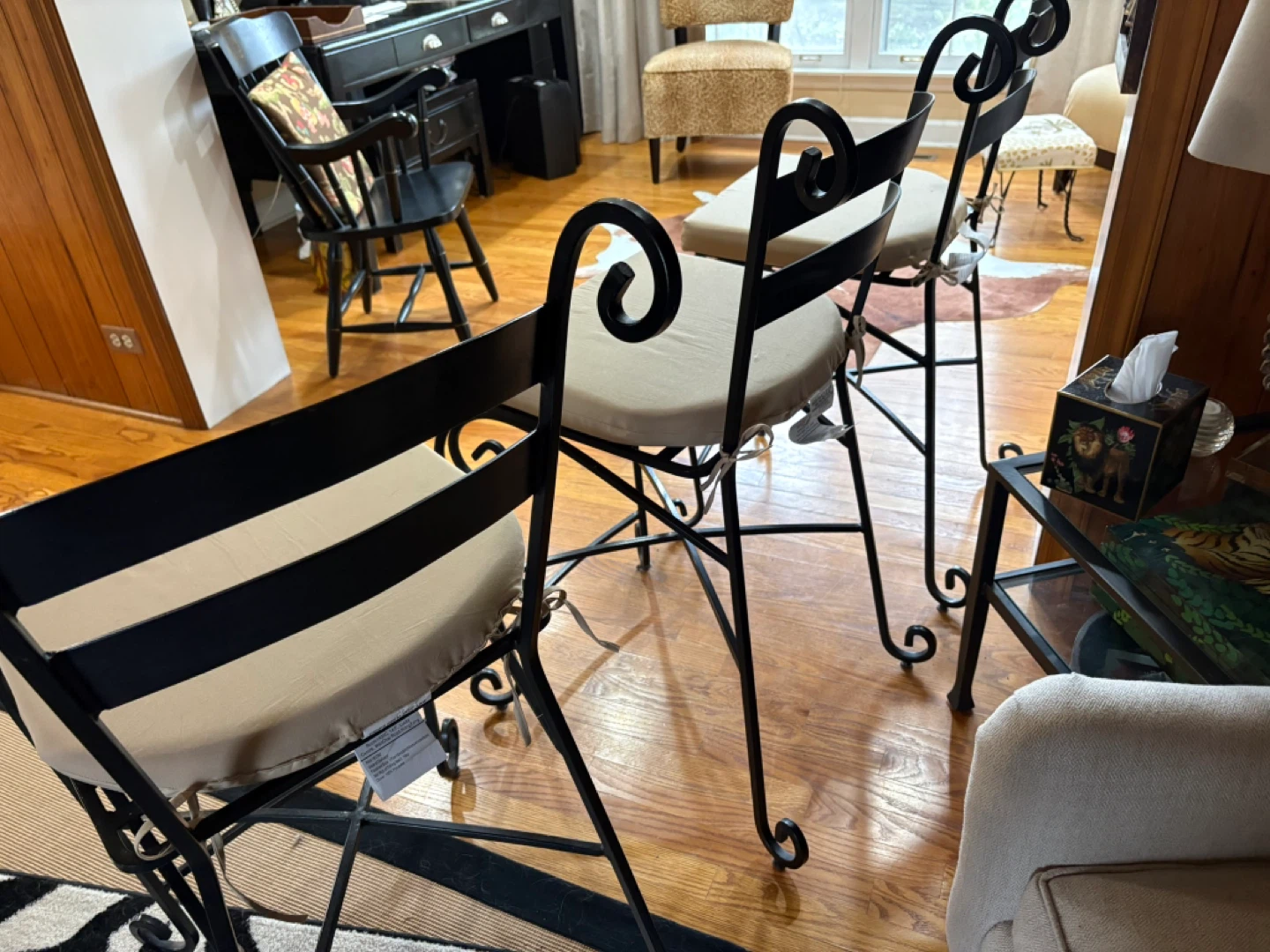 Set of 3 Black Metal Bar Stools with Tan Cushions - photo 4