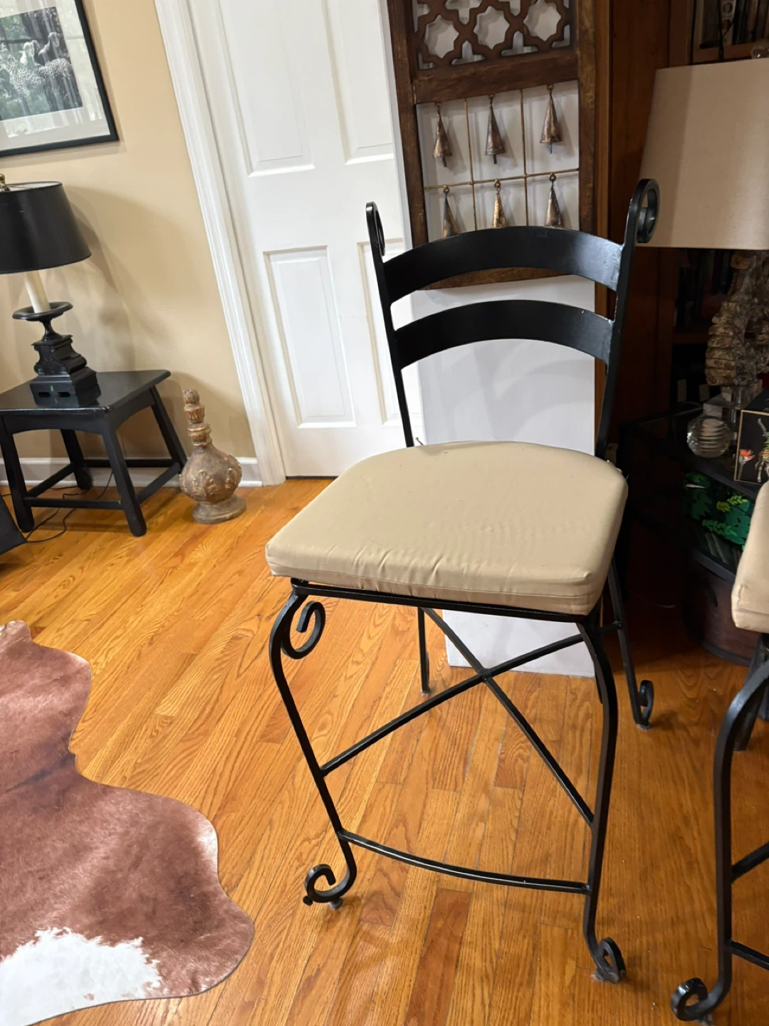 Set of 3 Black Metal Bar Stools with Tan Cushions - photo 2