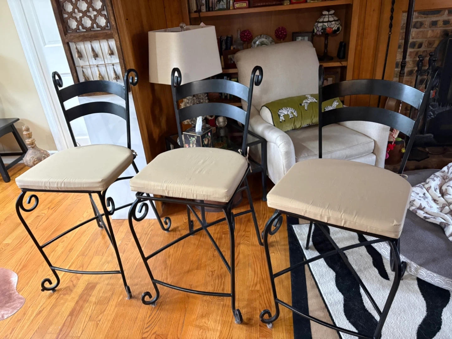 Set of 3 Black Metal Bar Stools with Tan Cushions - photo 3