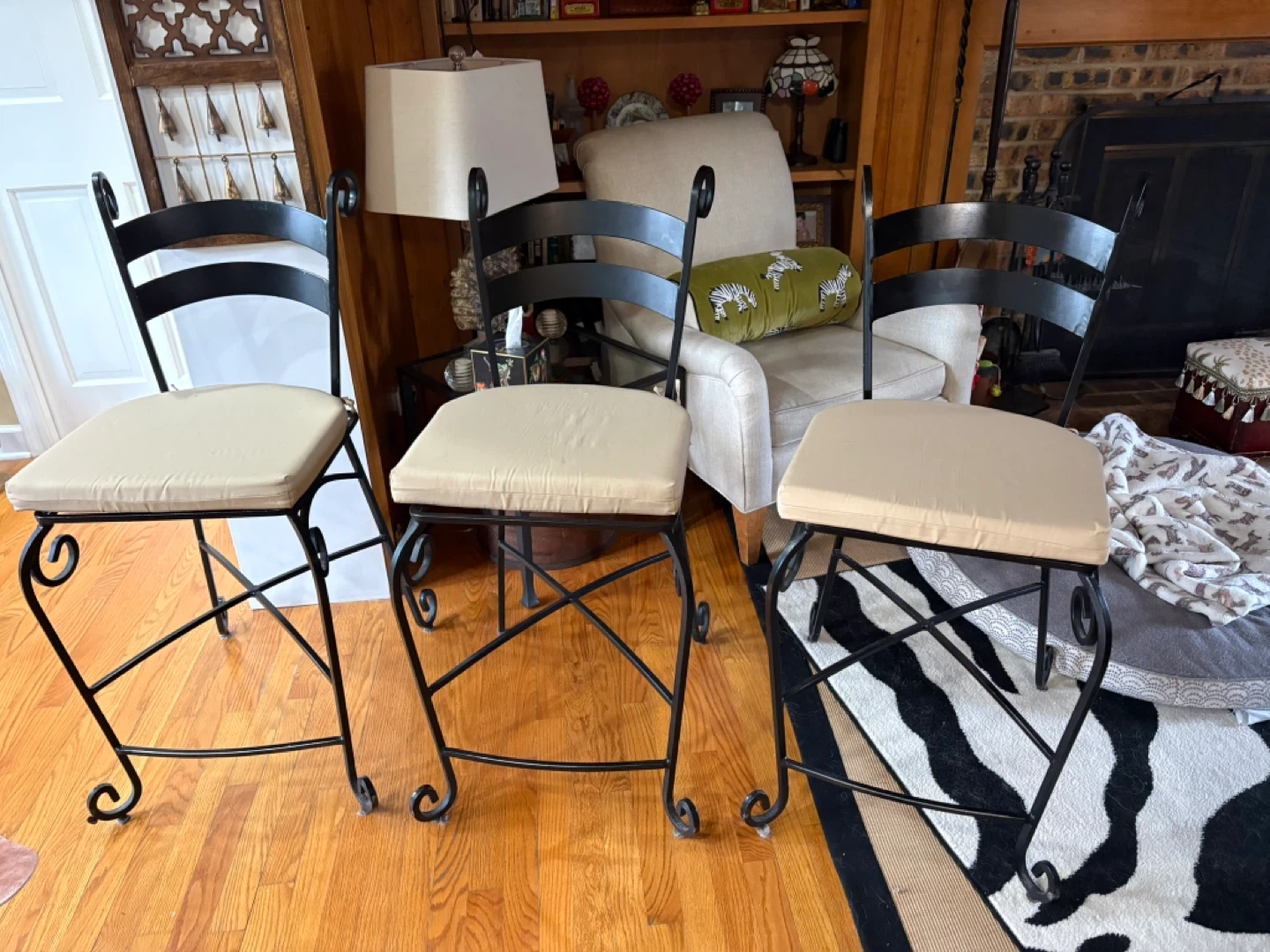 Set of 3 Black Metal Bar Stools with Tan Cushions