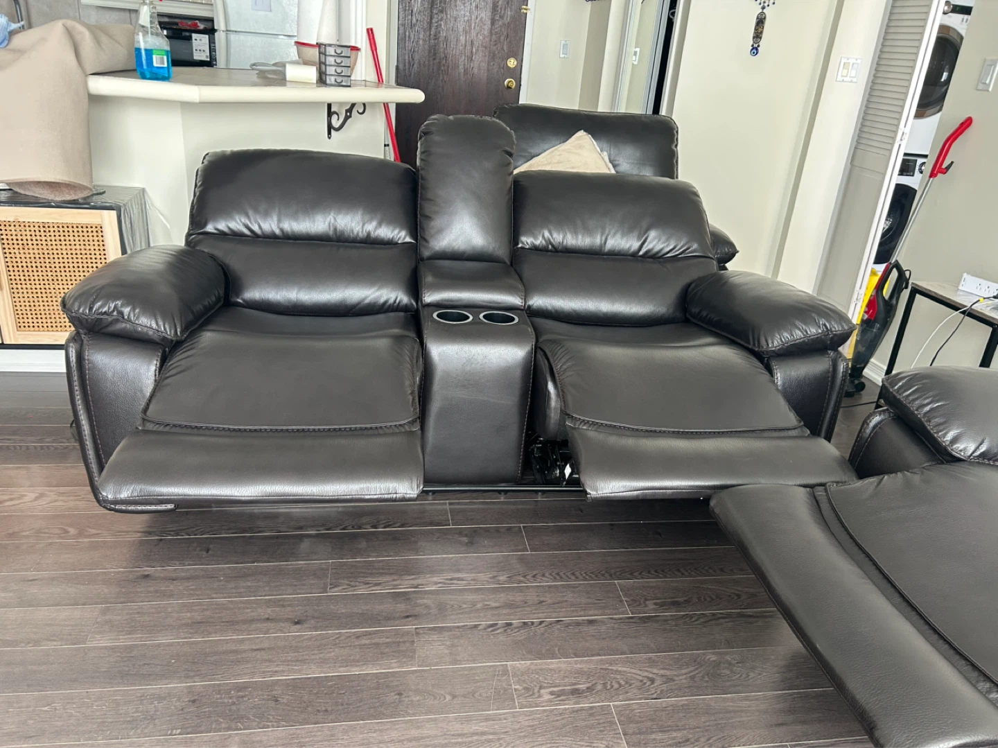 Dark Brown Faux Leather Recliner Sofa with Cup Holders - photo 4
