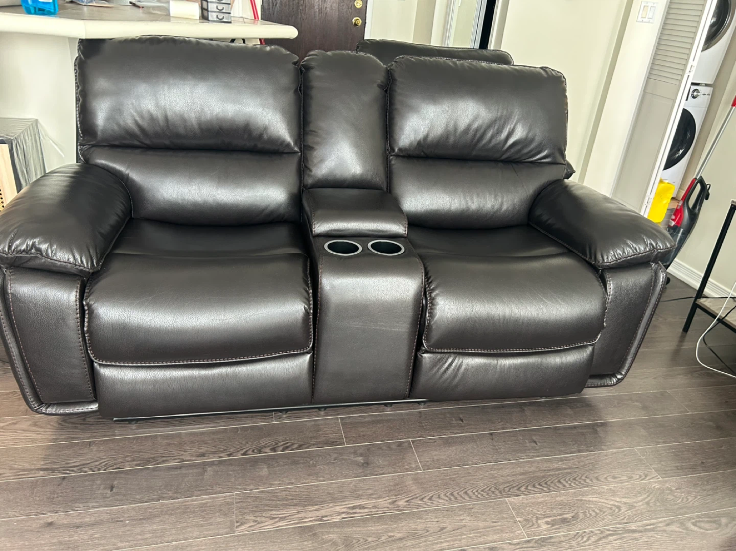 Dark Brown Faux Leather Recliner Sofa with Cup Holders - photo 2