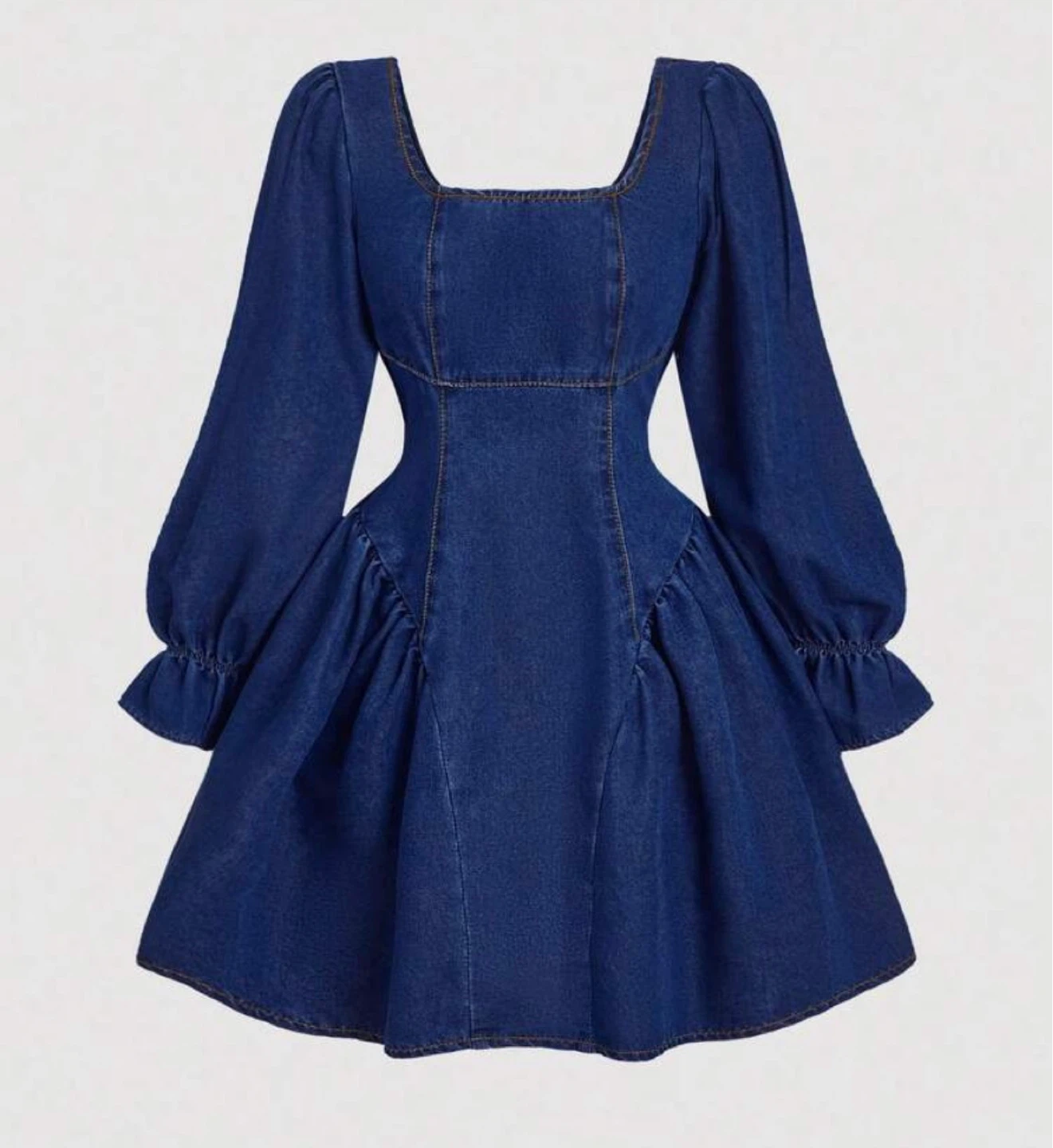 Denim Puff Sleeve Square Neck Dress