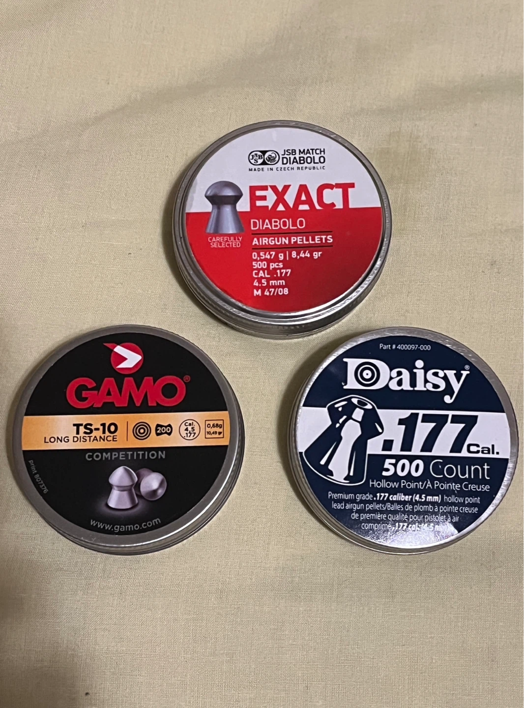JSB Exact Diablo, Gamo TS-10, and Daisy .177 Airgun Pellets