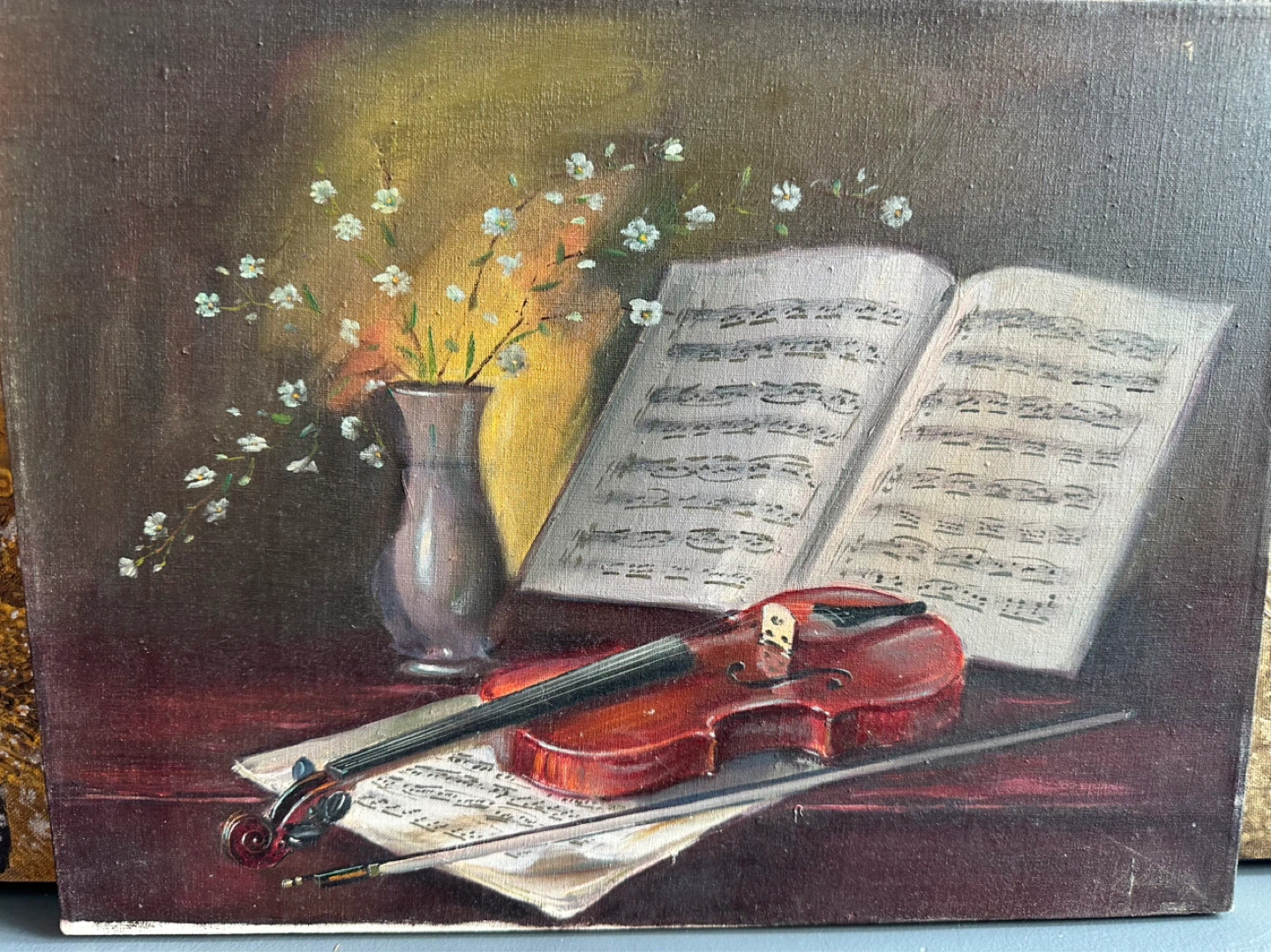 Oil Painting of Violin and Sheet Music